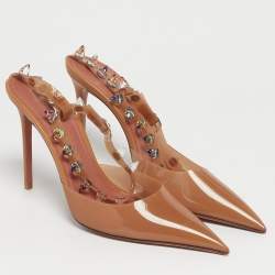 Pre Owned Amina Muaddi Brown PVC Crystal Embellished  Julia  Ankle Strap Pumps Size 40