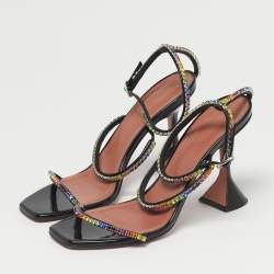 مملوكة مسبقًا Amina Muaddi Gilda Size 38.5 Black Patent Leather Ankle Strap Sandals
