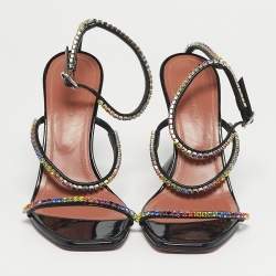 مملوكة مسبقًا Amina Muaddi Gilda Size 38.5 Black Patent Leather Ankle Strap Sandals