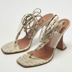 Pre Owned Amina Muaddi zula Size 40 Transparent/Beige PVC and Water Snakeskin Leather Ankle Strap Sandals