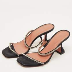 Pre Owned Amina Muaddi Gilda Size 38 Black Satin  Crystal Embellished Slide Sandals                         