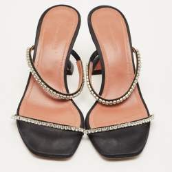 Pre Owned Amina Muaddi Gilda Size 38 Black Satin  Crystal Embellished Slide Sandals                         