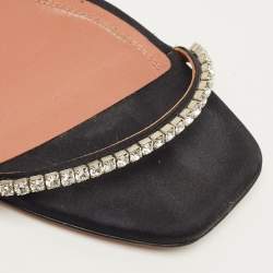 Pre Owned Amina Muaddi Gilda Size 38 Black Satin  Crystal Embellished Slide Sandals                         