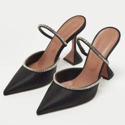 Pre Owned Amina Muaddi Gilda Size 39 Black Satin Mules