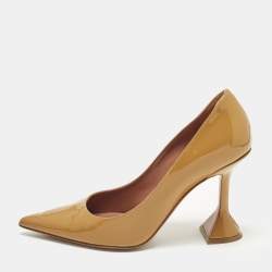 Pre Owned Amina Muaddi Ami Size 37.5 Beige Patent Leather Pumps