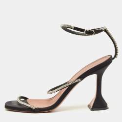 Pre Owned Amina Muaddi Gilda Size 39.5 Black Satin Ankle Strap Sandals