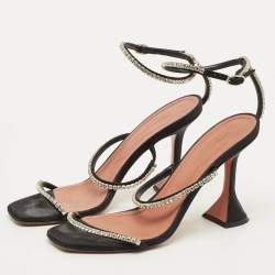 Pre Owned Amina Muaddi Gilda Size 39.5 Black Satin Ankle Strap Sandals