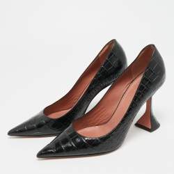 Pre Owned Amina Muaddi Ami Size 39.5 Black Croc Embossed Leather Pumps