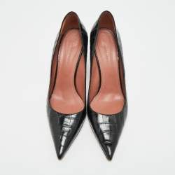 Pre Owned Amina Muaddi Ami Size 39.5 Black Croc Embossed Leather Pumps