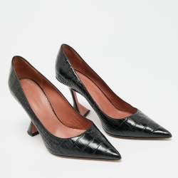 Pre Owned Amina Muaddi Ami Size 39.5 Black Croc Embossed Leather Pumps