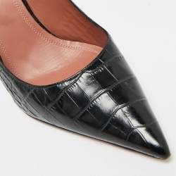 Pre Owned Amina Muaddi Ami Size 39.5 Black Croc Embossed Leather Pumps