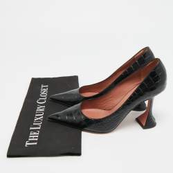 Pre Owned Amina Muaddi Ami Size 39.5 Black Croc Embossed Leather Pumps