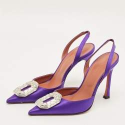 Pre Owned Amina Muaddi Begum Size 37 Purple Satin Slingback Pumps