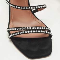 Pre Owned Amina Muaddi Naima Crystal Embellished Size 37.5 Black Suede Slide Sandals