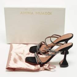 Pre Owned Amina Muaddi Naima Crystal Embellished Size 37.5 Black Suede Slide Sandals