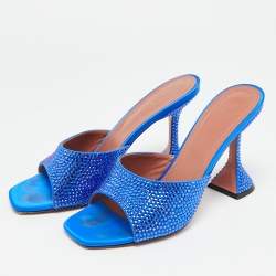 مملوكة مسبقًا Amina Muaddi Lupita Size 38 Blue Satin Crystal Embellished Slide Sandals