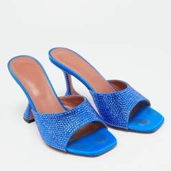 مملوكة مسبقًا Amina Muaddi Lupita Size 38 Blue Satin Crystal Embellished Slide Sandals
