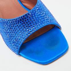 مملوكة مسبقًا Amina Muaddi Lupita Size 38 Blue Satin Crystal Embellished Slide Sandals