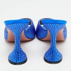 مملوكة مسبقًا Amina Muaddi Lupita Size 38 Blue Satin Crystal Embellished Slide Sandals