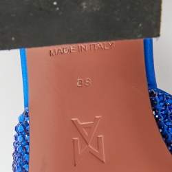 مملوكة مسبقًا Amina Muaddi Lupita Size 38 Blue Satin Crystal Embellished Slide Sandals