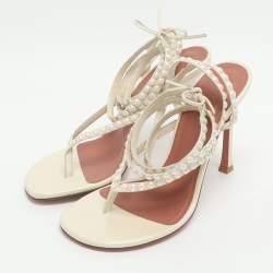 مملوكة مسبقًا Amina Muaddi Size 38.5 White Leather Pearl Embellished Ankle Strap Sandals