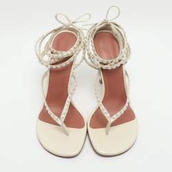 مملوكة مسبقًا Amina Muaddi Size 38.5 White Leather Pearl Embellished Ankle Strap Sandals