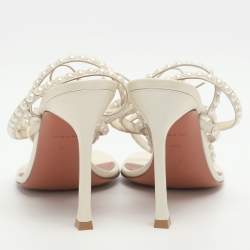 مملوكة مسبقًا Amina Muaddi Size 38.5 White Leather Pearl Embellished Ankle Strap Sandals