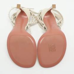 مملوكة مسبقًا Amina Muaddi Size 38.5 White Leather Pearl Embellished Ankle Strap Sandals