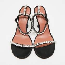 Pre Owned Amina Muaddi Gilda Size 38 Black Satin Crystal Emebellished Ankle Strap Sandals