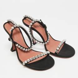 Pre Owned Amina Muaddi Gilda Size 38 Black Satin Crystal Emebellished Ankle Strap Sandals