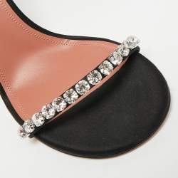 Pre Owned Amina Muaddi Gilda Size 38 Black Satin Crystal Emebellished Ankle Strap Sandals