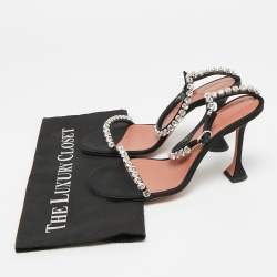 Pre Owned Amina Muaddi Gilda Size 38 Black Satin Crystal Emebellished Ankle Strap Sandals