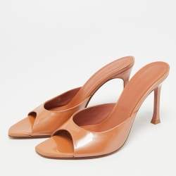 Pre Owned Amina Muaddi Alexa Size 37.5 Brown Patent Leather Slide Sandals