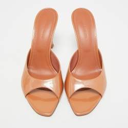 Pre Owned Amina Muaddi Alexa Size 37.5 Brown Patent Leather Slide Sandals