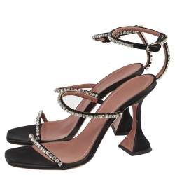 Pre Owned Amina Muaddi Black Satin Gilda Sandals Size 38