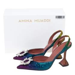 Pre Owned Amina Muaddi Multicolor Suede Begum Crystal Embellished Slingback Pumps Size 39.5