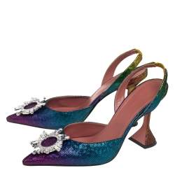 Pre Owned Amina Muaddi Multicolor Suede Begum Crystal Embellished Slingback Pumps Size 39.5