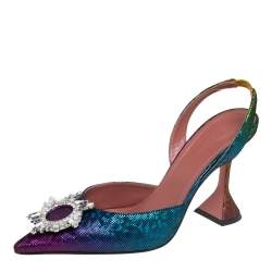 Pre Owned Amina Muaddi Multicolor Suede Begum Crystal Embellished Slingback Pumps Size 39.5
