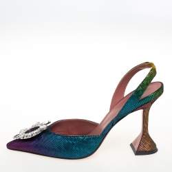 Pre Owned Amina Muaddi Multicolor Suede Begum Crystal Embellished Slingback Pumps Size 39.5