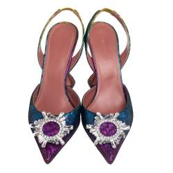 Pre Owned Amina Muaddi Multicolor Suede Begum Crystal Embellished Slingback Pumps Size 39.5
