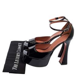 Pre Owned Amina Muaddi Black Patent Leather Bianca Ankle-Wrap Platform Sandals Size 39