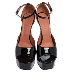 Pre Owned Amina Muaddi Black Patent Leather Bianca Ankle-Wrap Platform Sandals Size 39