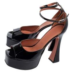 Pre Owned Amina Muaddi Black Patent Leather Bianca Ankle-Wrap Platform Sandals Size 39