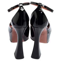 Pre Owned Amina Muaddi Black Patent Leather Bianca Ankle-Wrap Platform Sandals Size 39