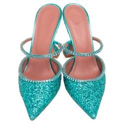 Pre Owned Amina Muaddi Green Glitter Crystal Embellished Gilda Mules Size 38