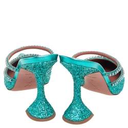 Pre Owned Amina Muaddi Green Glitter Crystal Embellished Gilda Mules Size 38