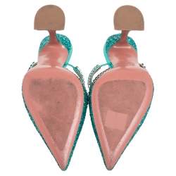 Pre Owned Amina Muaddi Green Glitter Crystal Embellished Gilda Mules Size 38