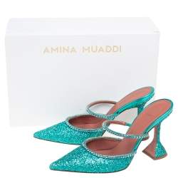 Pre Owned Amina Muaddi Green Glitter Crystal Embellished Gilda Mules Size 38
