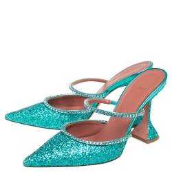 Pre Owned Amina Muaddi Green Glitter Crystal Embellished Gilda Mules Size 38