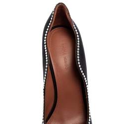 Pre Owned Amina Muaddi Black Satin Romy Crystal-Embellished Pointed-Toe Pumps Size 38.5